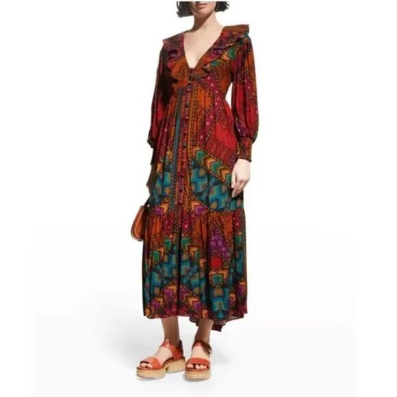 Farm Rio Yawanawa Stripes Long Sleeve Maxi Ankle Dress Red Brown Size Small New - Picture 2 of 13